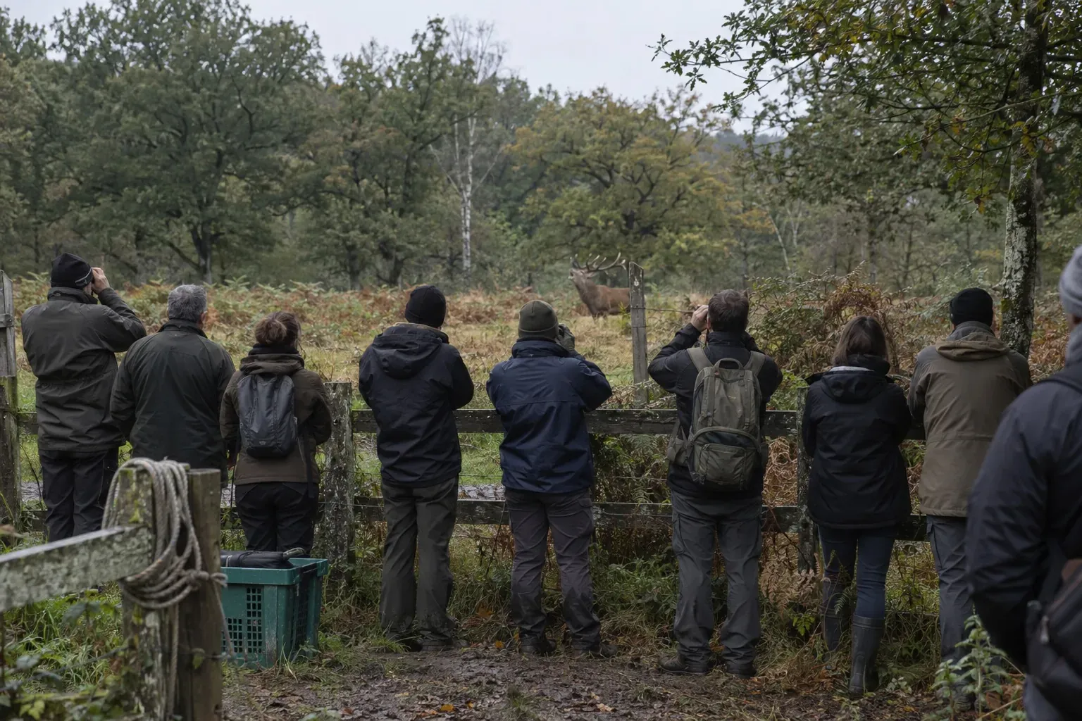 Des adultes de dos, en vestes sombres, observent un cerf au loin derrière une clôture en bois du parc animalier